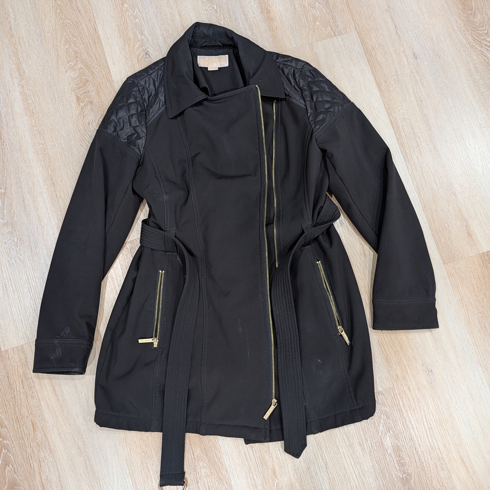 Michael Kors Black Trench Coat with Gold Accents